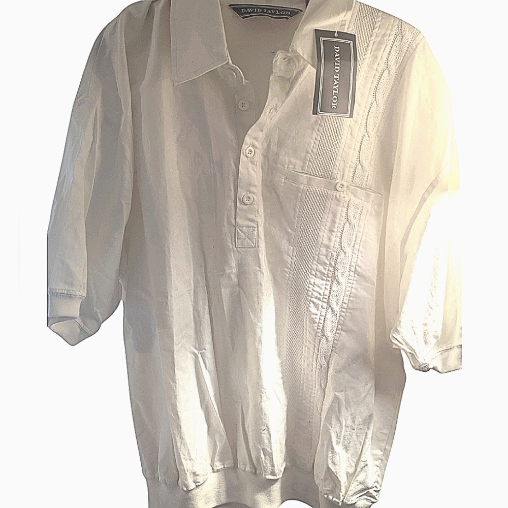 New W Tags. Shirt. Men's. David Taylor. Short Sleeve. Ivory. Elegant Embroidery.